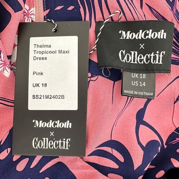 ModCloth x Collectif Maxi Dress 14 Pink Thelma Tropicool V Neck Tie Waist NWT - Picture 7 of 16